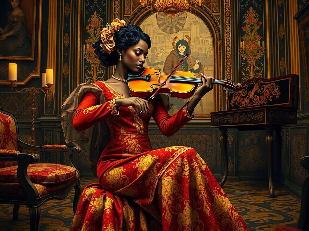 Black Woman Playing Violin, in Klimt Style