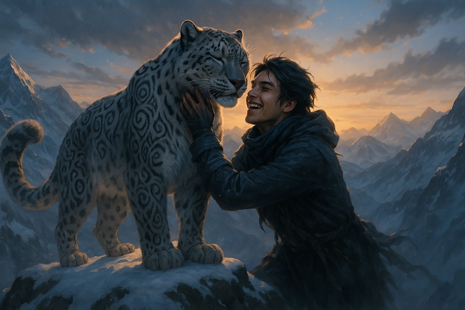 Snow Leopard and Human on Himalayan Peak at Dawn