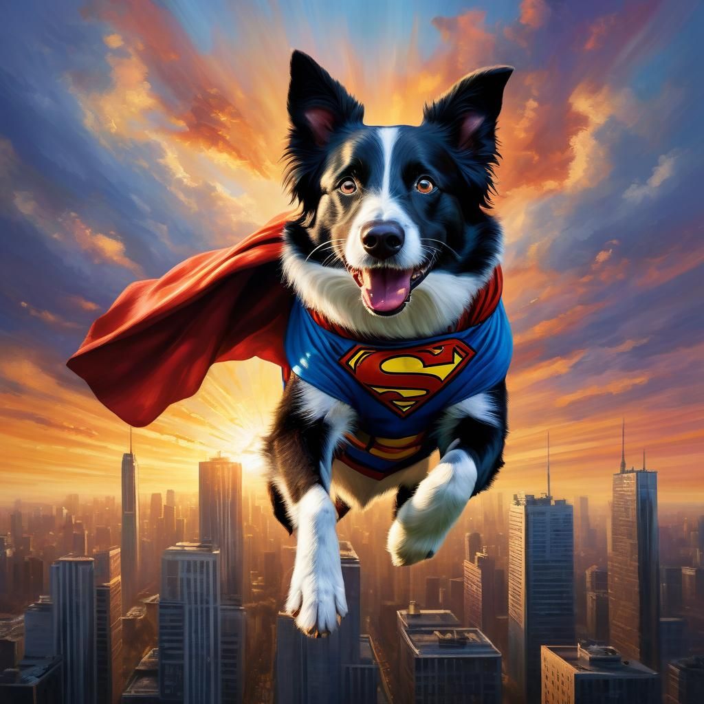 Heroic Border Collie Flies Above Metropolis as Oil Painting