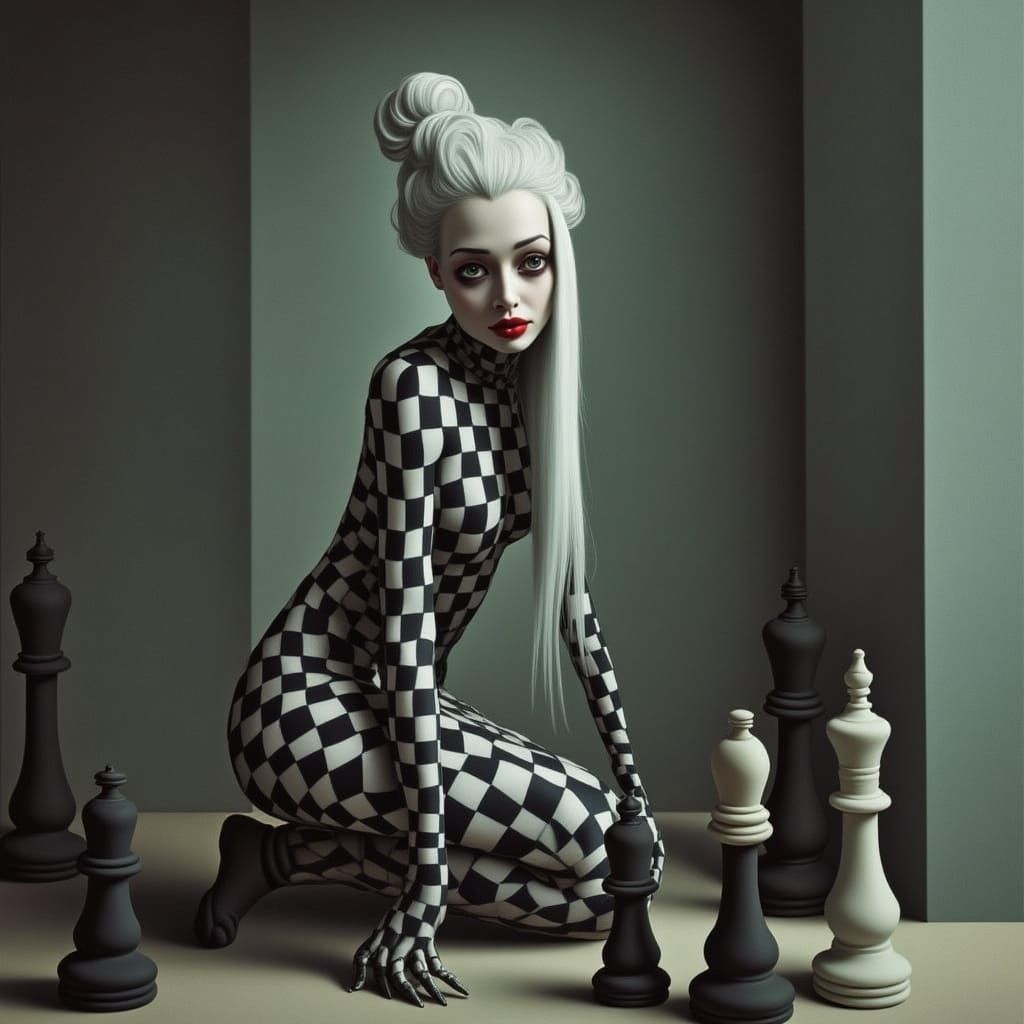 Enigmatic Chessboard Siren in Black and White