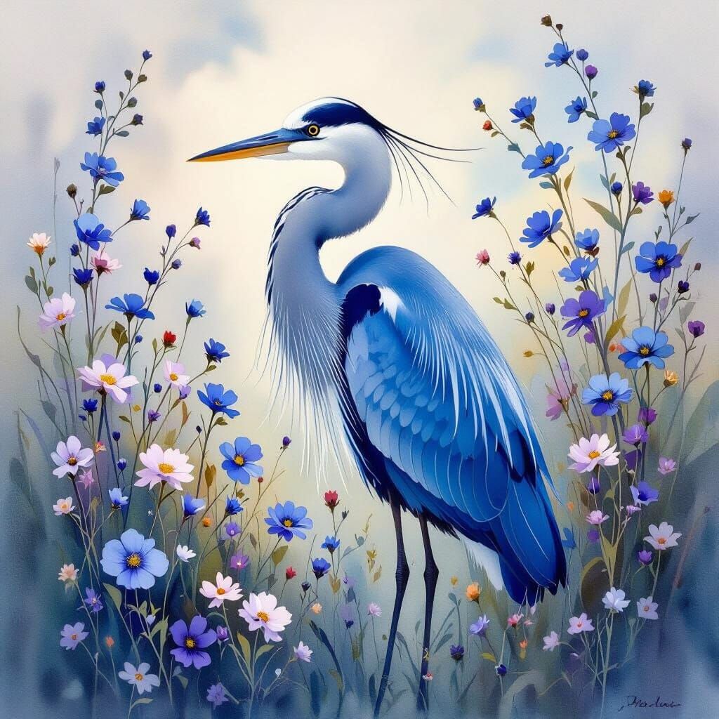 Blue Heron Amidst Wildflowers in Dreamlike Watercolor Style