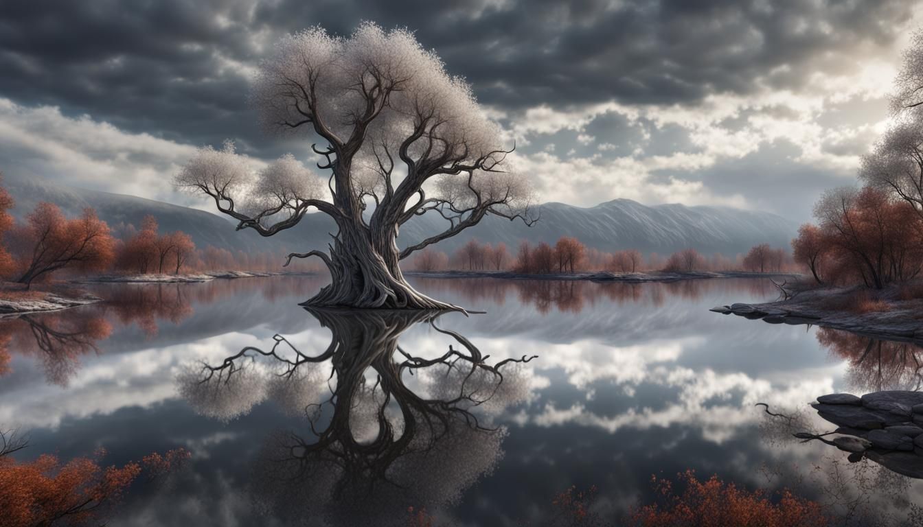 Silver Tree Reflected in Lake: Fantasy Concept Art