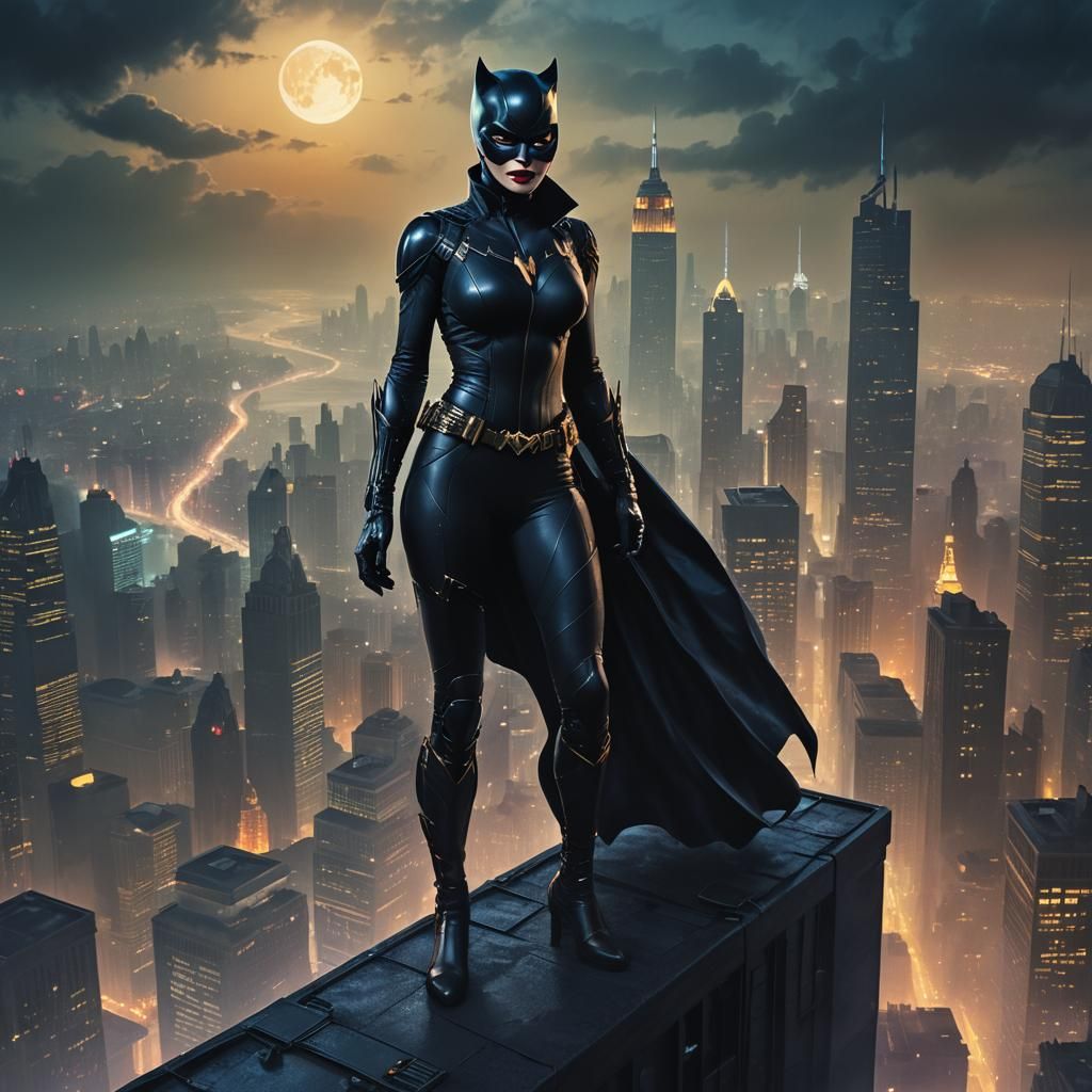 Catwoman on Gotham Skyscraper in Surreal Digital Art