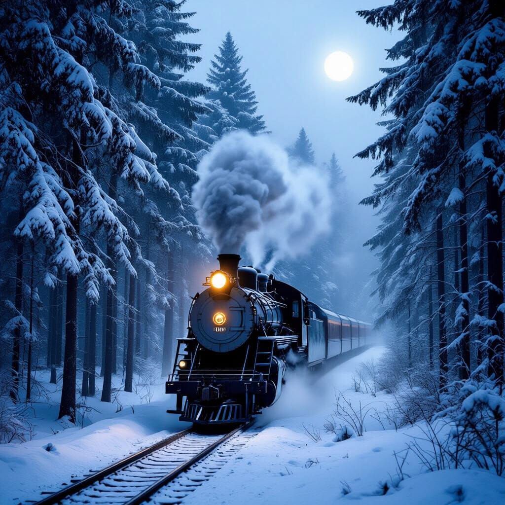 Snow-Covered Vintage Train in Dark Forest