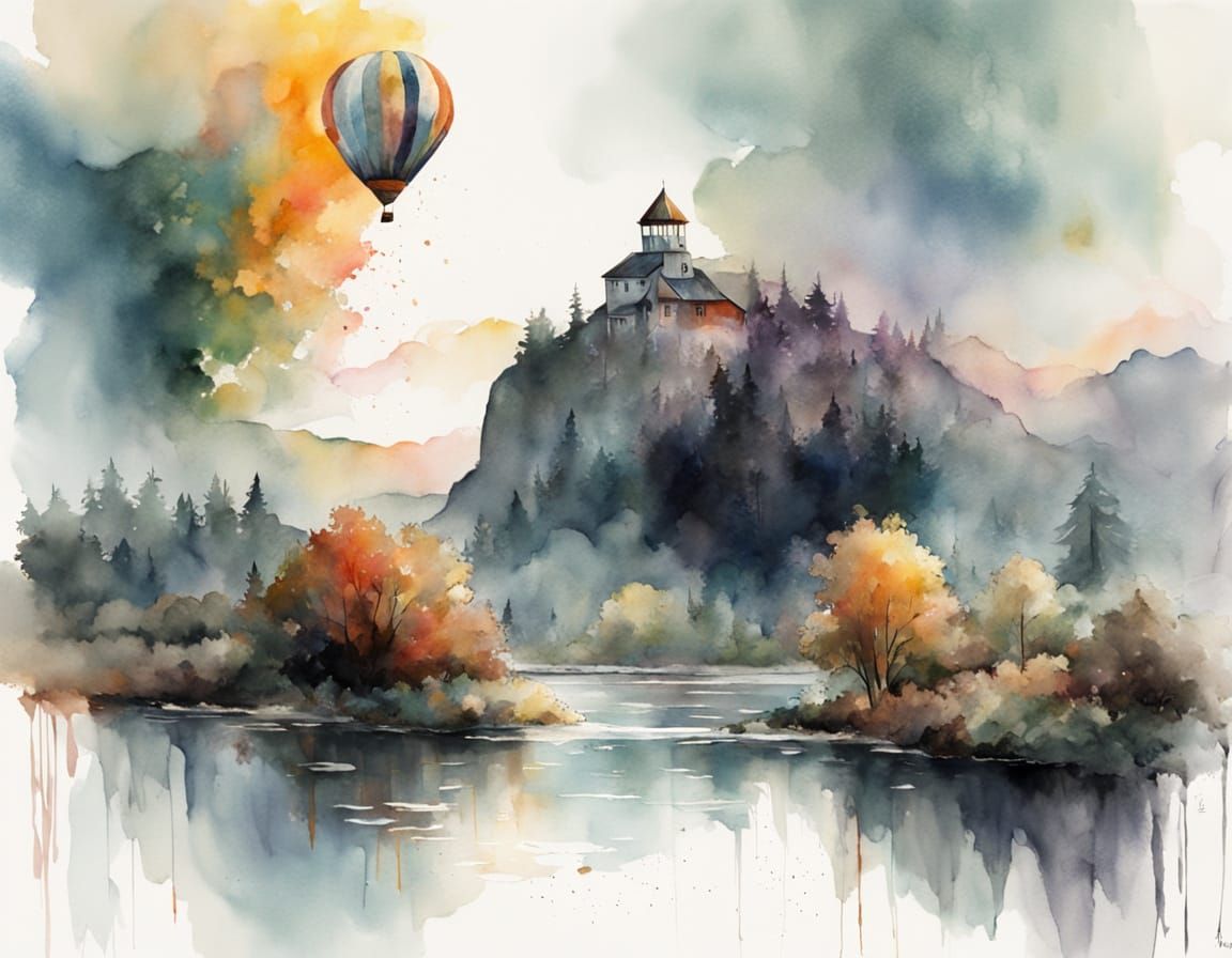 Hot Air Balloon Over Gold River at Sunrise as Oil Painting