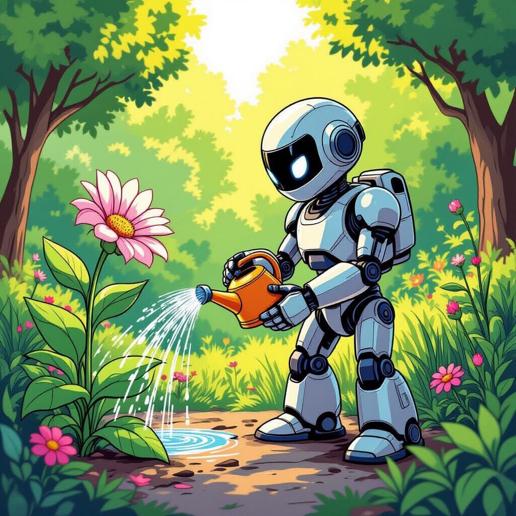 Robot Watering Flower in Vibrant Comic Book Art Style