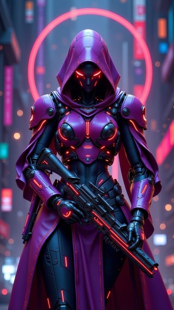 Lethal Cyborg Geisha Assassin in Neon Horror Style