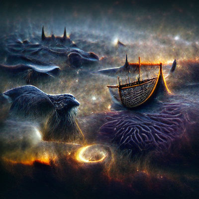 Viking Longship Sails Through Cosmic Aurora