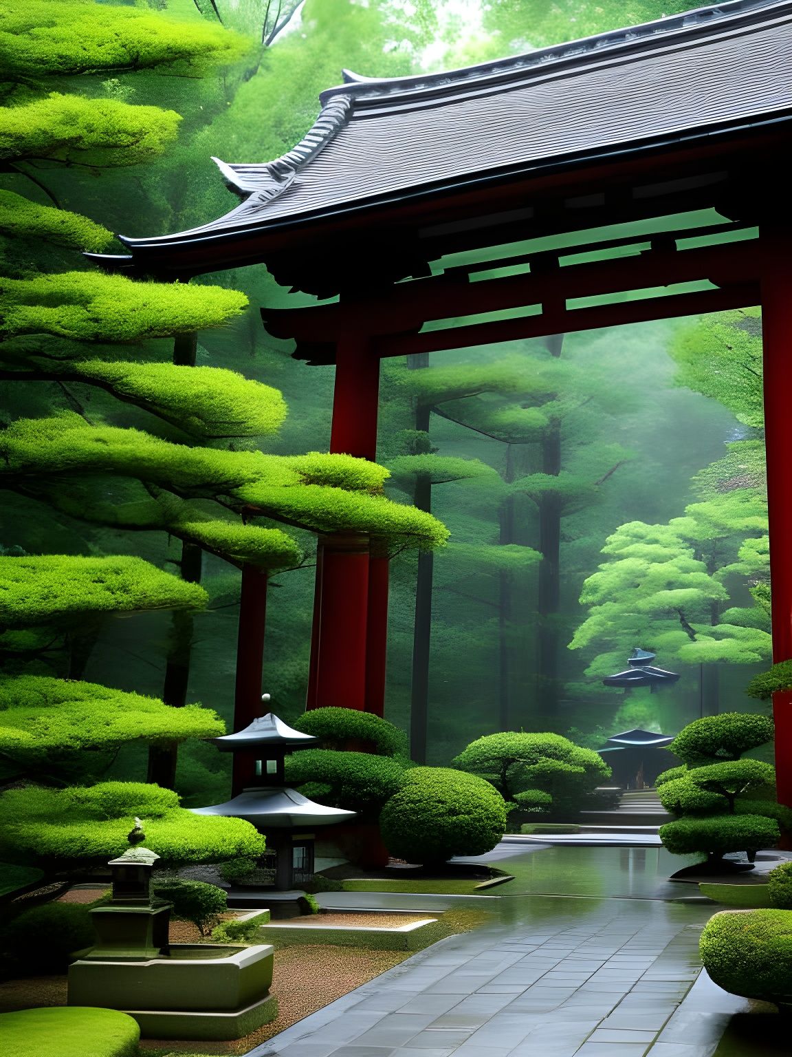 Japanese Garden with Torii Gate Oil Painting