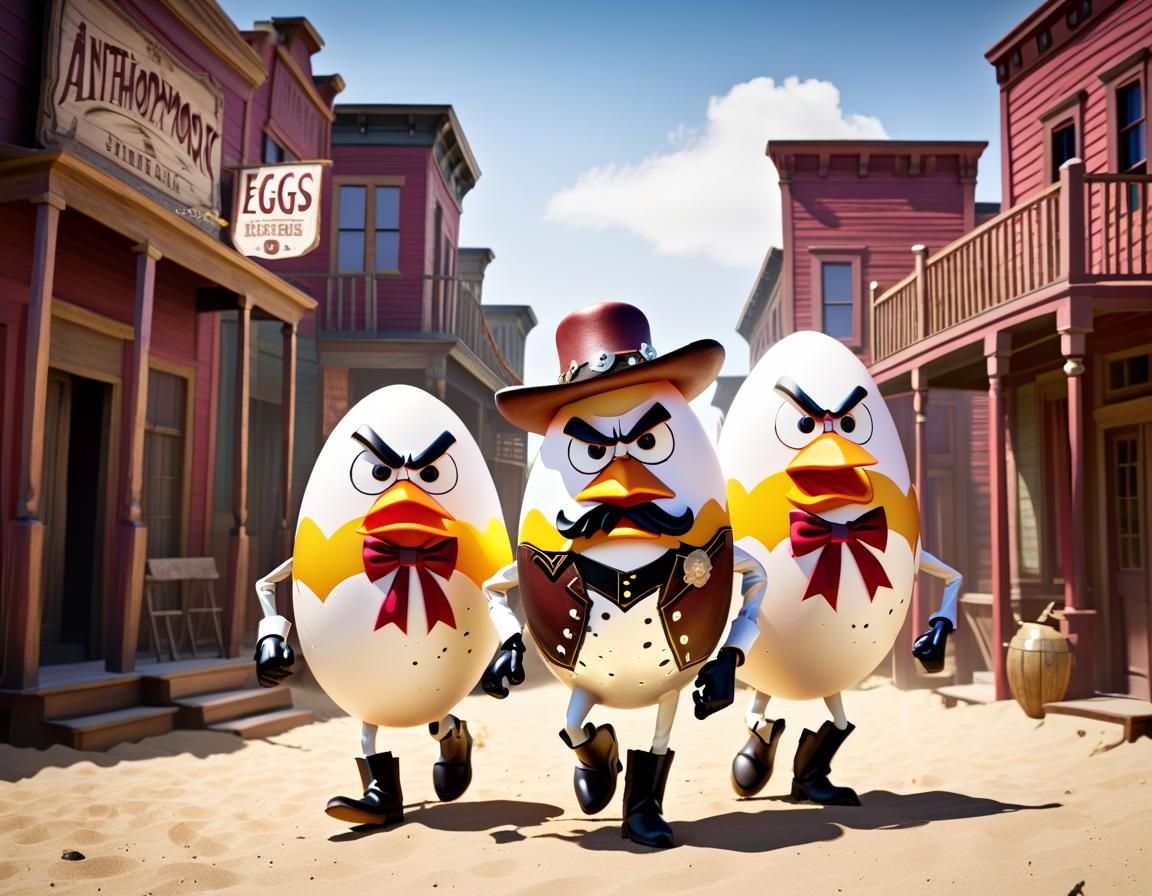 Anthropomorphic Angry Eggs as Wild West Gunslingers