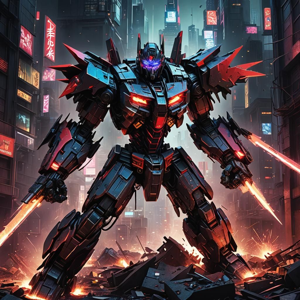 Transformers Clash in Cyberpunk Anime Cityscape
