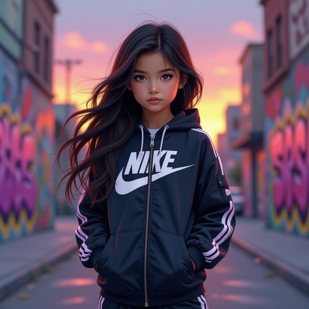 Hyperrealistic Girl in Cityscape at Sunset
