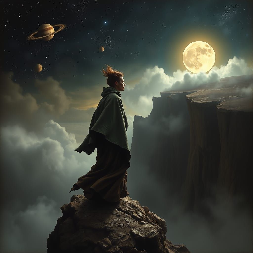 Figure at Cliff's Edge Under Cosmic Sky as Baroque Painting