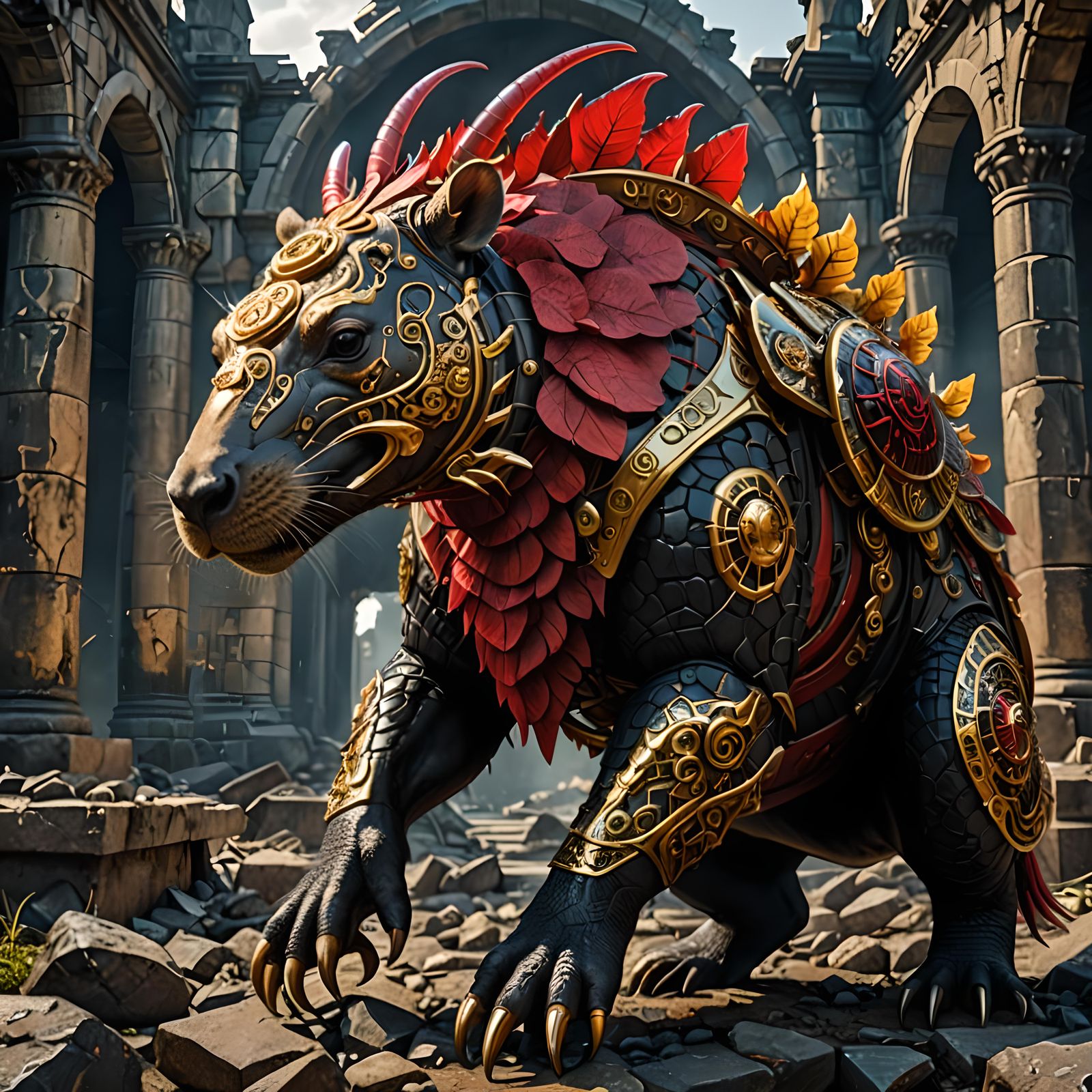 Ominous Demonic Capybara in Armor, Double Exposure