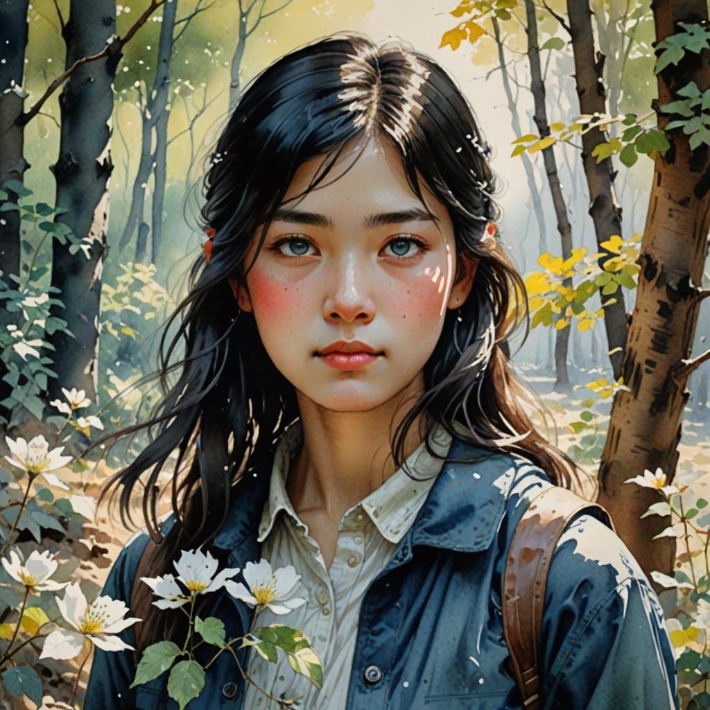 Athlete Girl Sleeping Peacefully in Watercolor Indian Forest