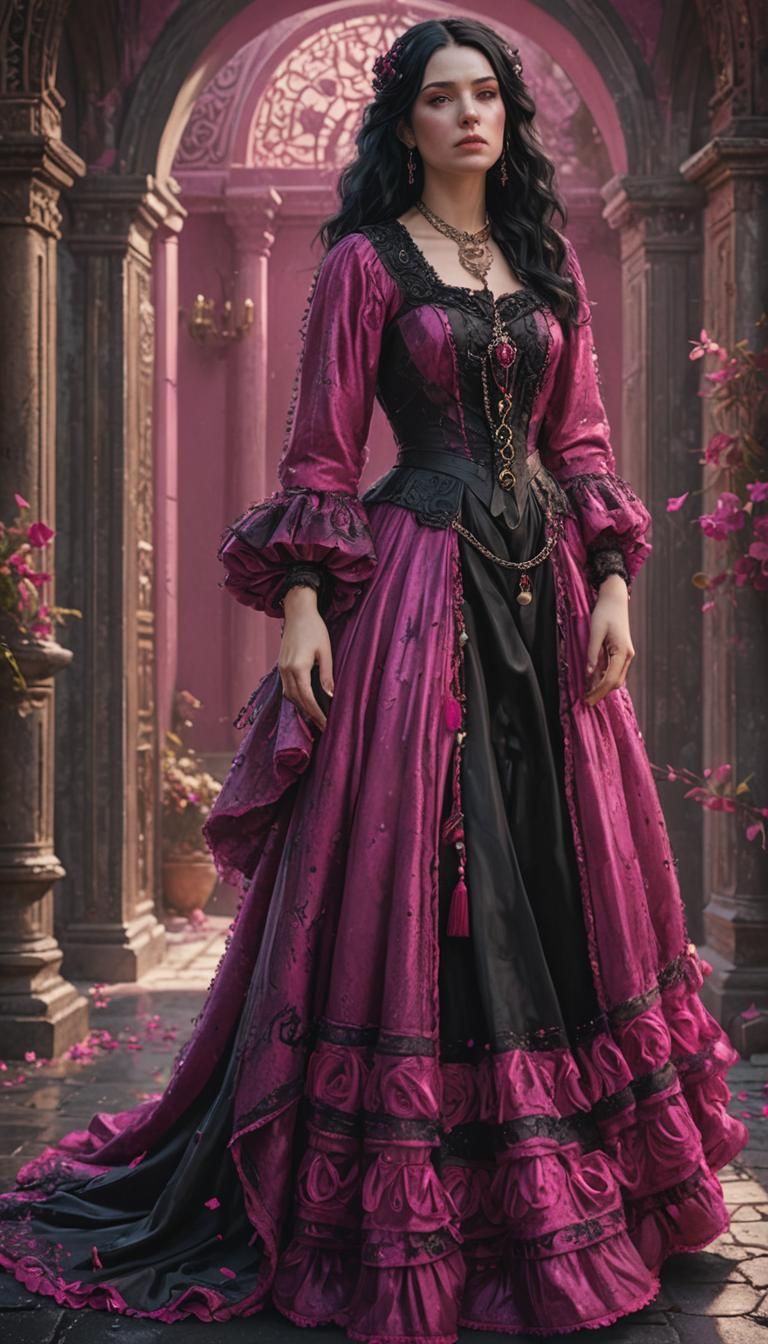 sad young woman with black hair and pale skin wearing a fuchsia and black gown and a necklace with a key on it, realisti...