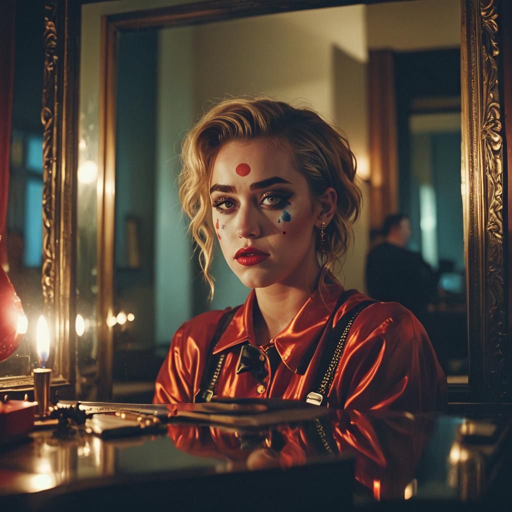 Clown Reflection in Soft Golden Light, Cinematic Film Still