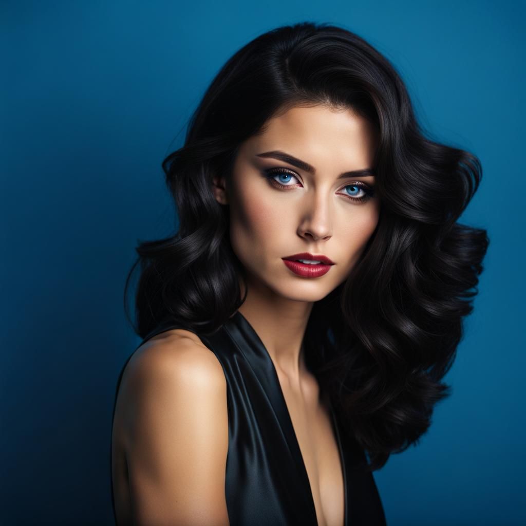 Elegant Woman in Black Dress in Blue Room