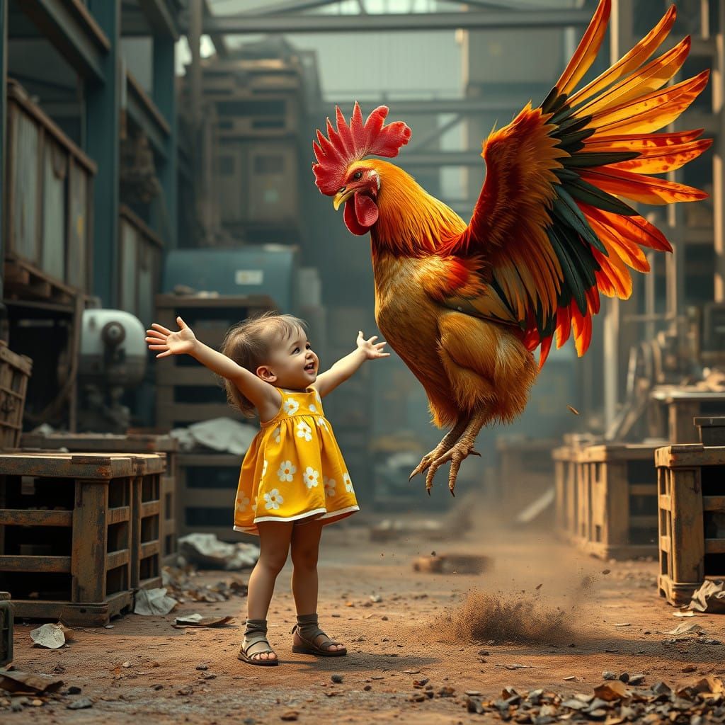 Fantastical Rooster and Child Duel in Vibrant Warehouse Scen...
