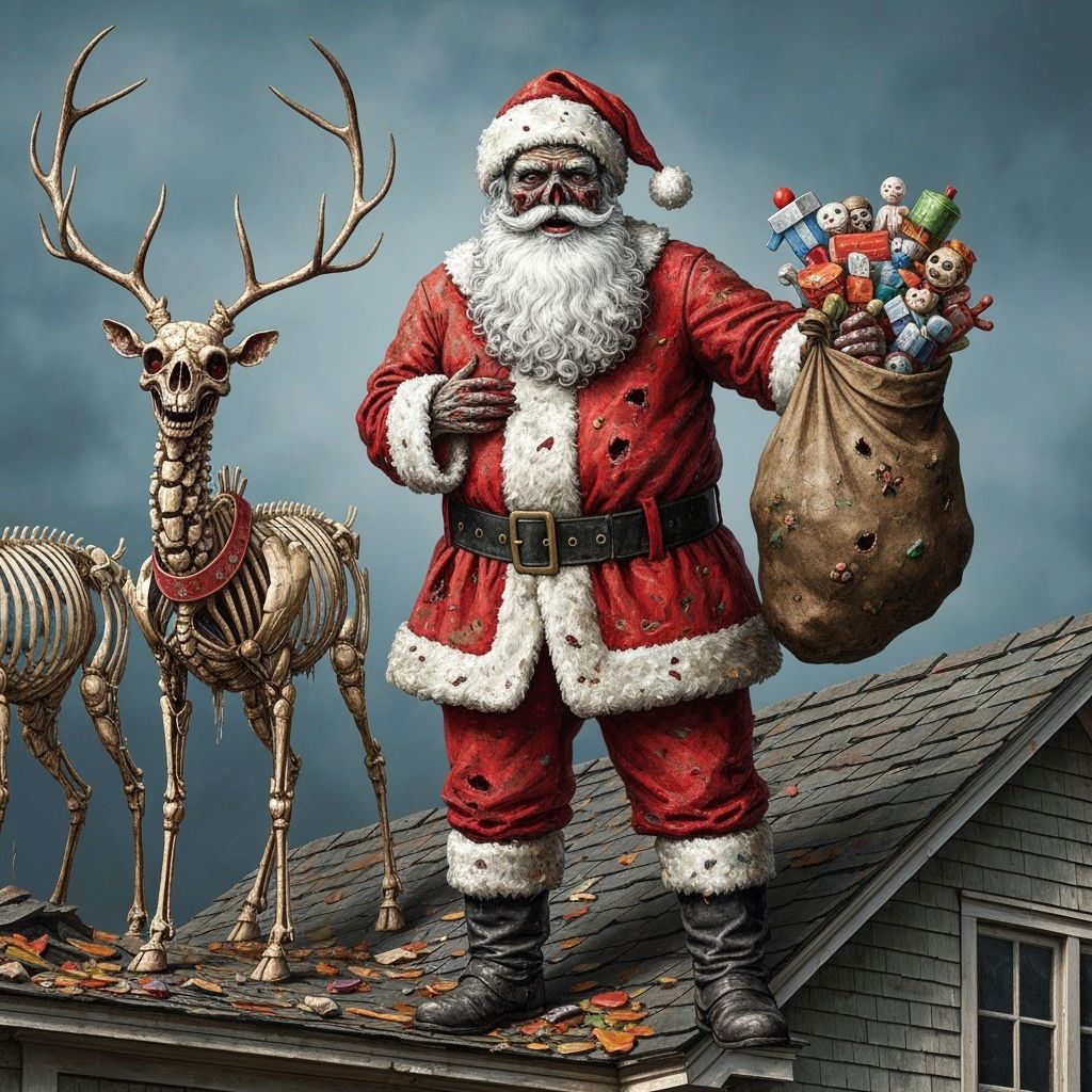 Zombie Santa Claus on Rooftop with Destroyed Toys