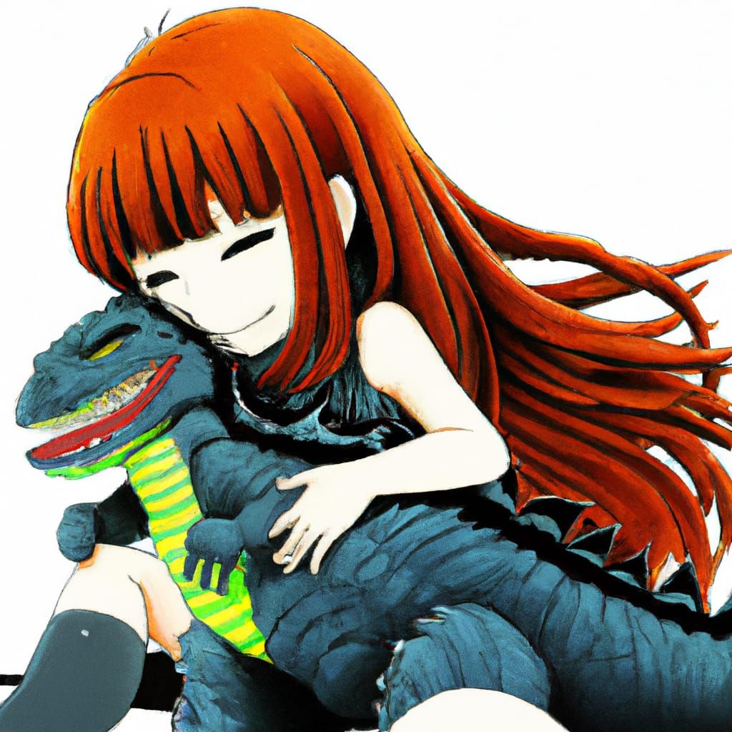 Asuka with Godzilla Plush in Anime Style