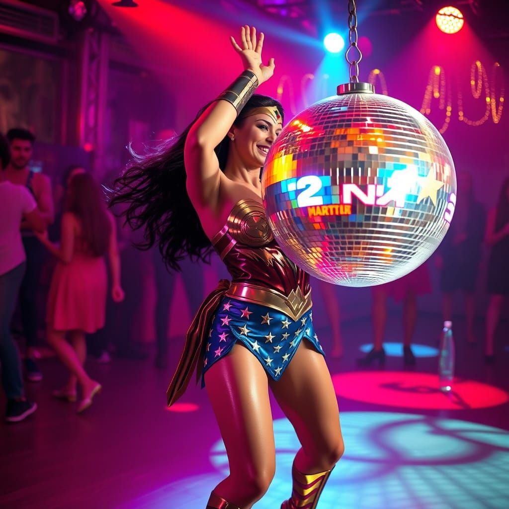 Wonder Woman Dancing with Disco Ball in Retro Party