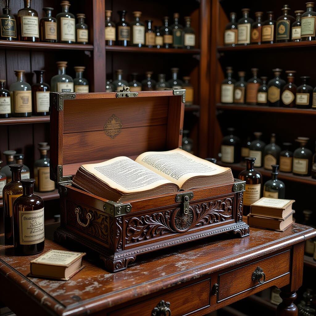 Apothecary Chest with Ornate Bottles and Ancient Book