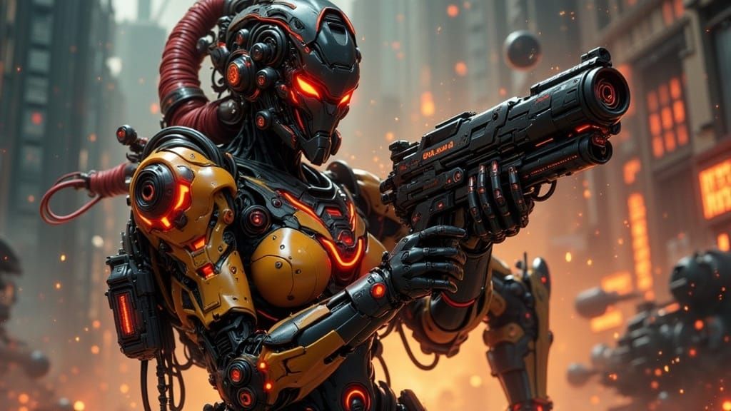 Cyberpunk Warrior in Neon Armor, Post-Apocalyptic Landscape