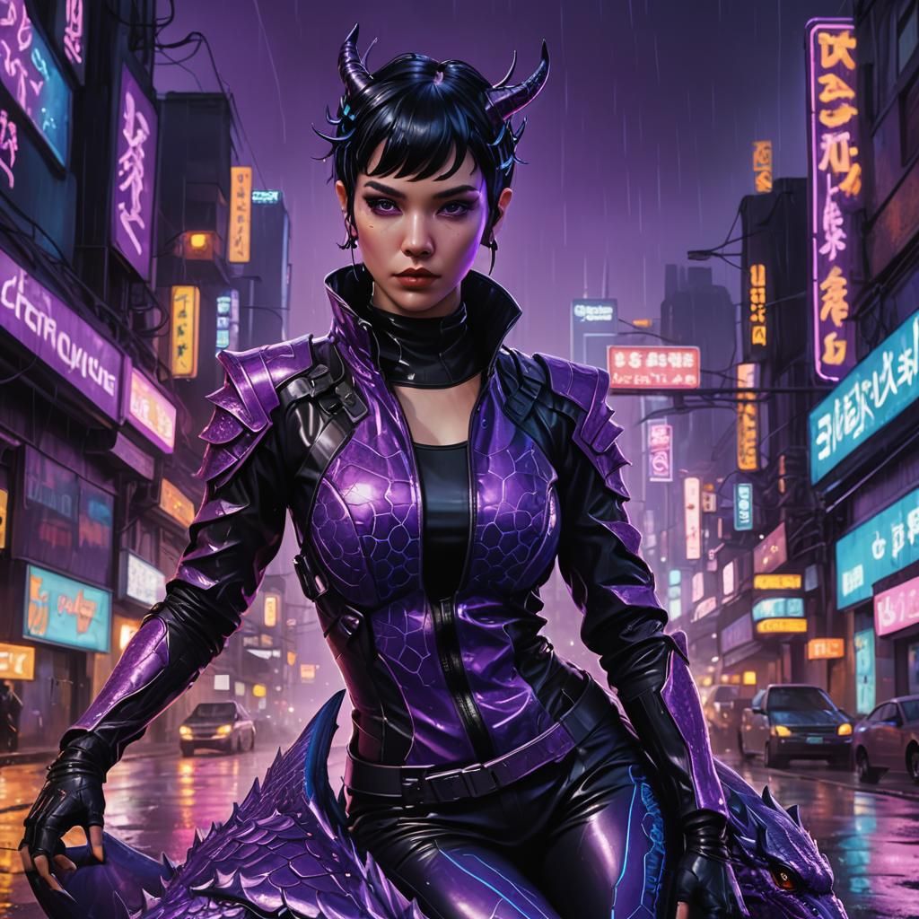 Cyberpunk Dragon Rider in Neon Cityscape