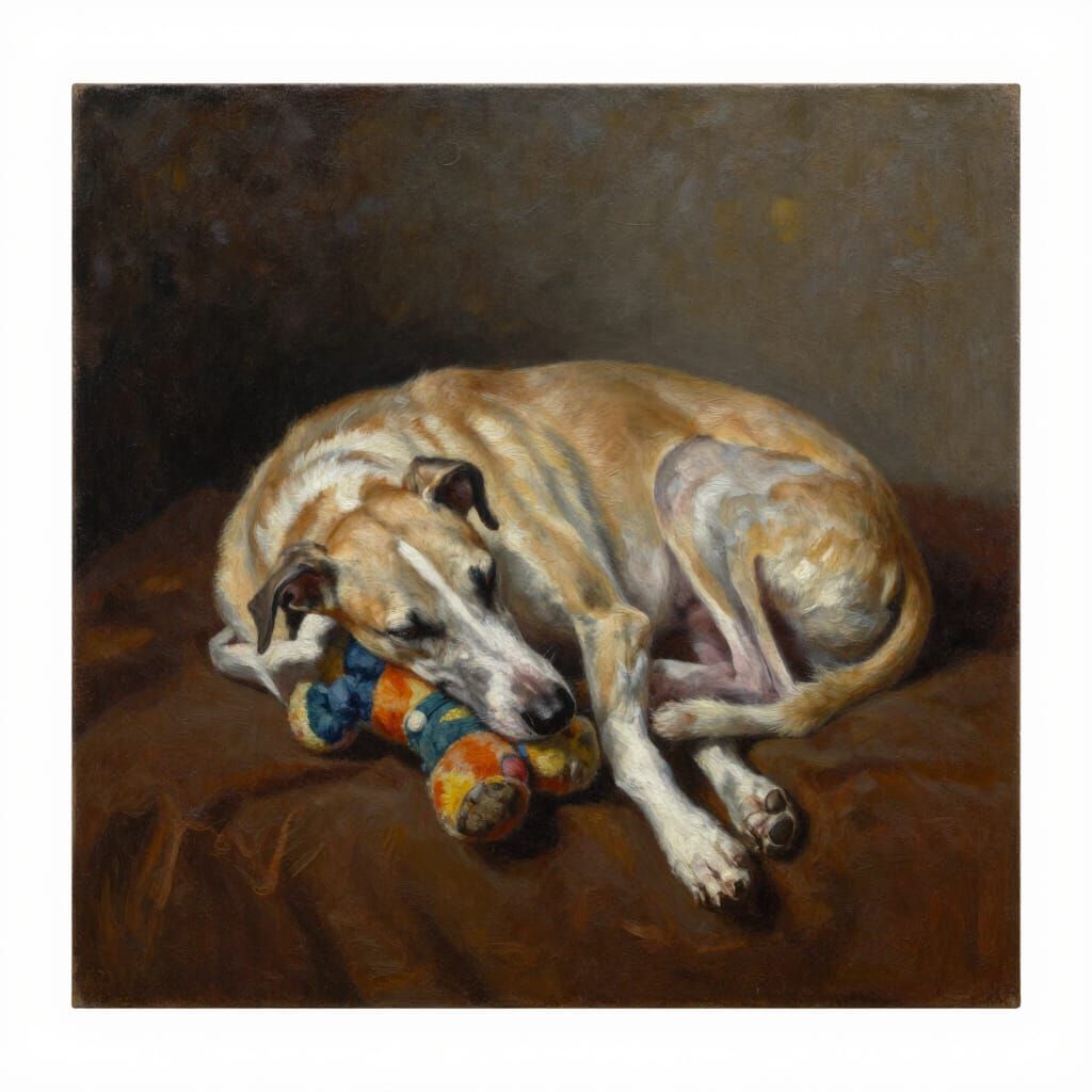 Sleeping Whippet Dog with Toy, Moody Oil Painting