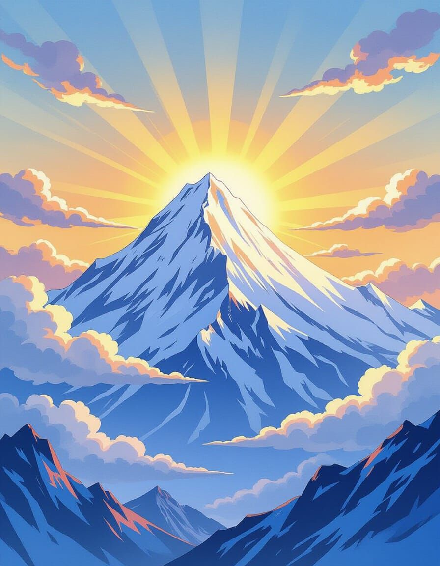 Snow Mountain Sunrise in Vintage Anime Style