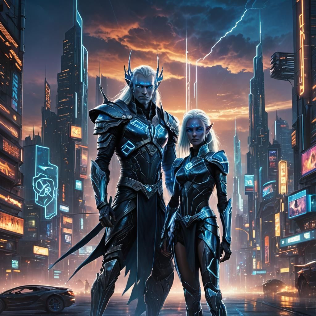 Victorious Elf and Drow in Neon Cityscape
