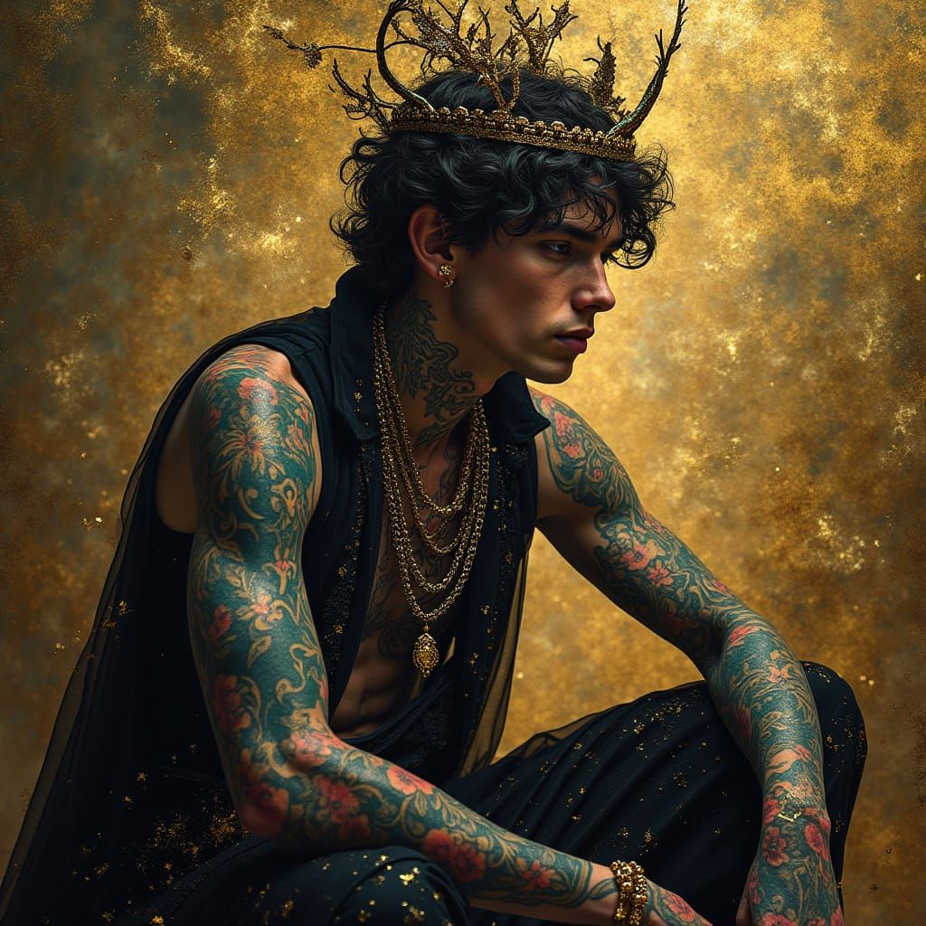 Ornate Portrait with Neon Tattoos in Mystical Style