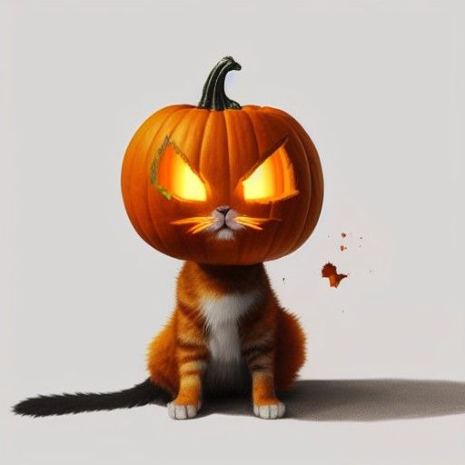 Cat in Pumpkin Costume, Detailed Digital Painting