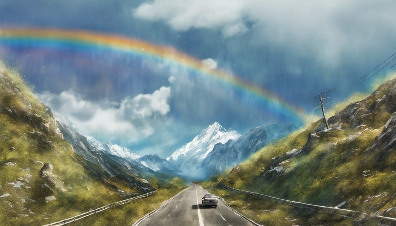 Rainbow Over Mountain Highway: Whimsical Urban Sketch