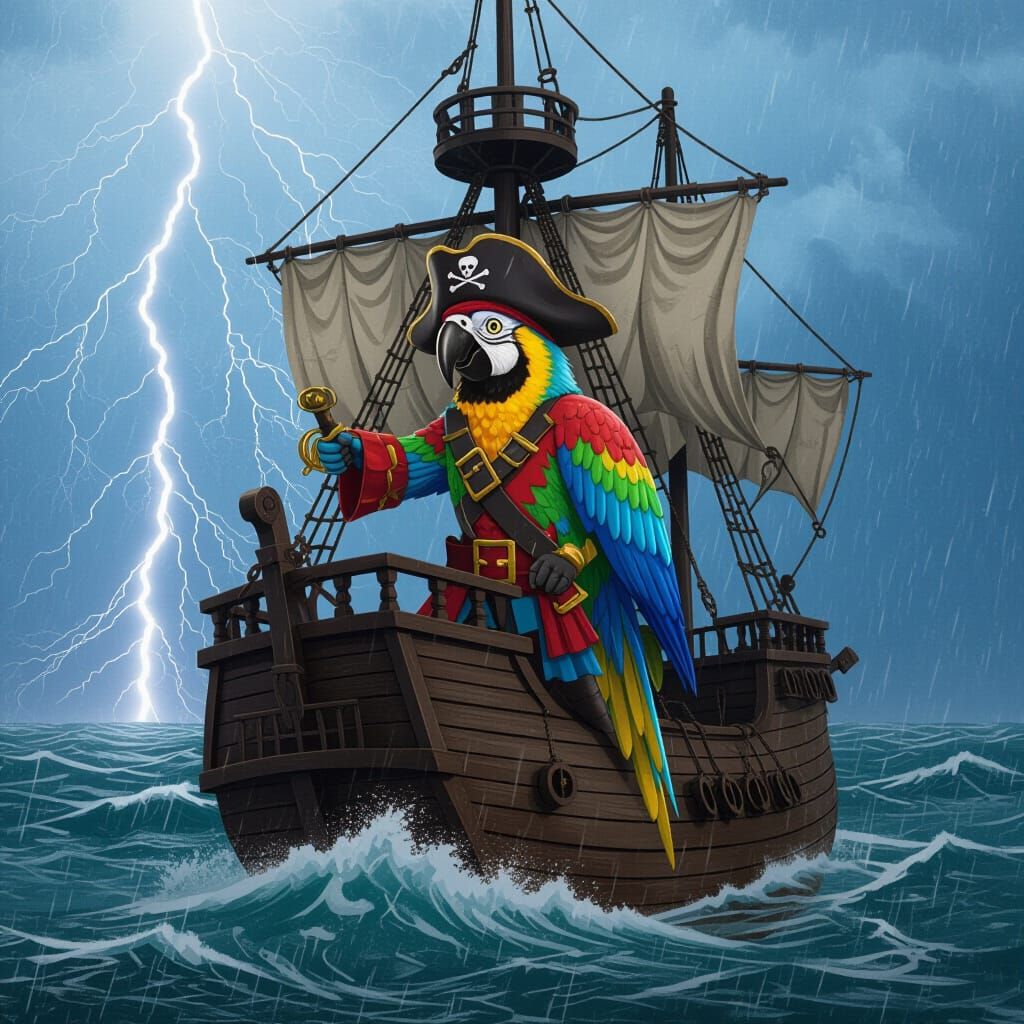 Ghostly Pirate Parrot Navigating Stormy Seas