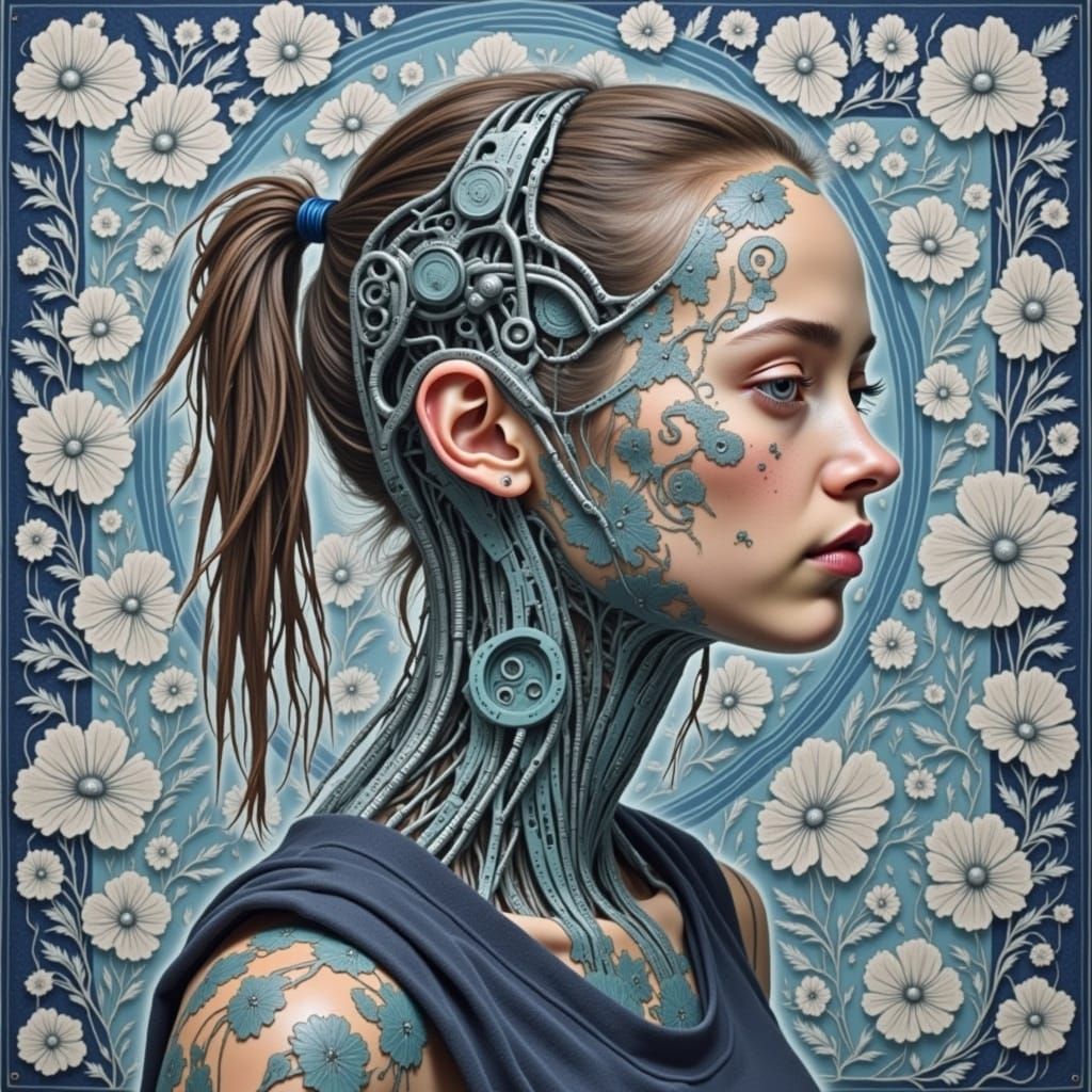 Smiling Cyborg Woman in Floral Indigo Dress