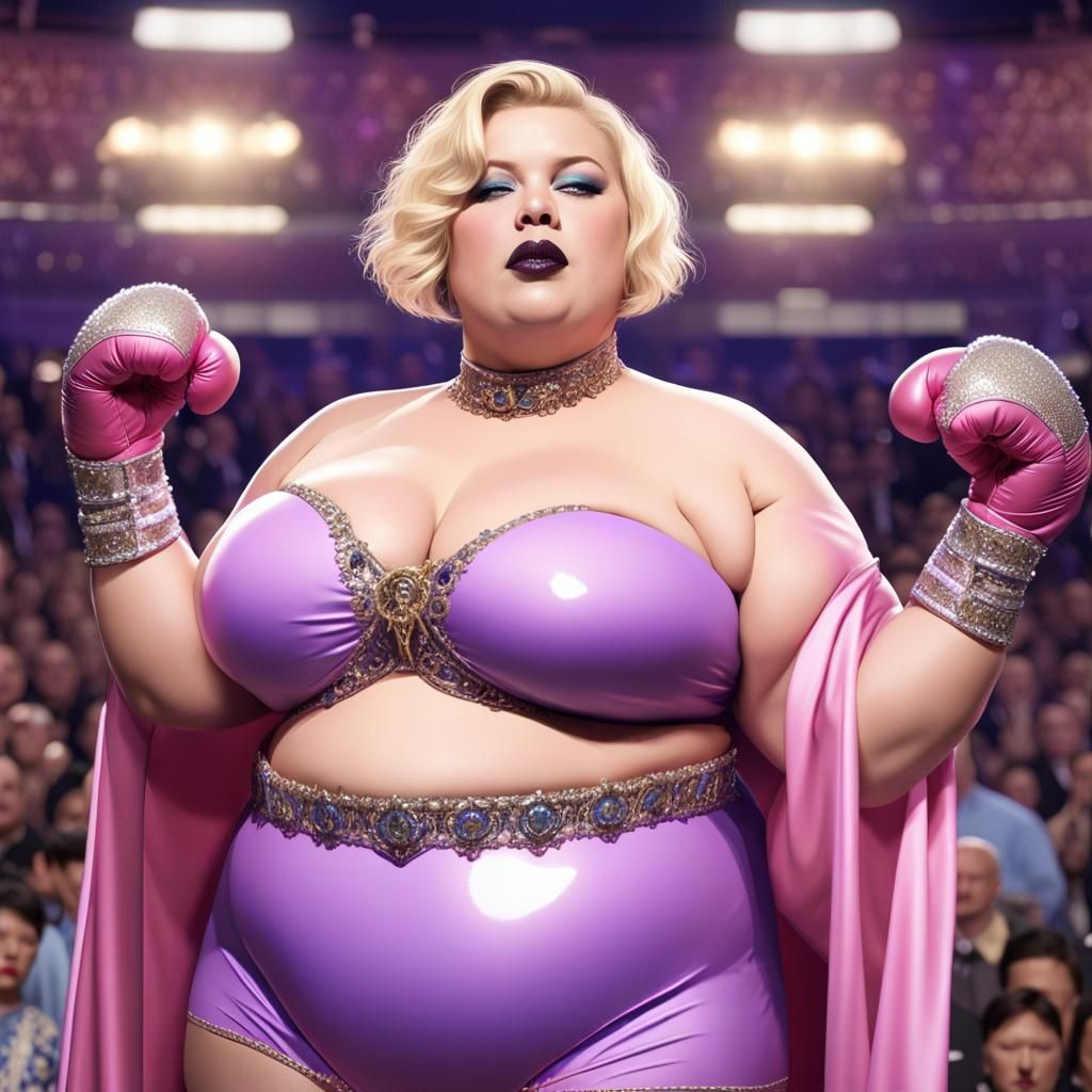 Obese Woman Boxer in Opulent Pink Robe