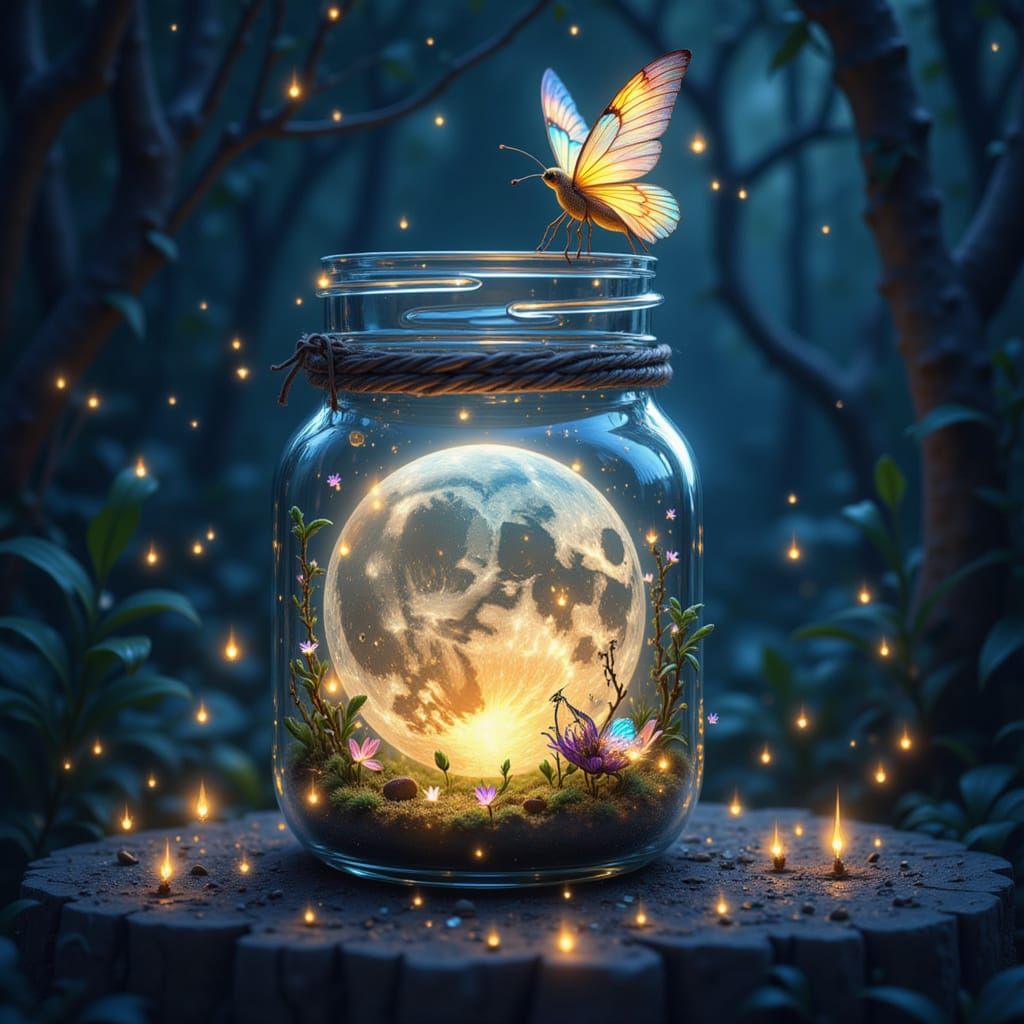 Moon in a Jar with Fireflies