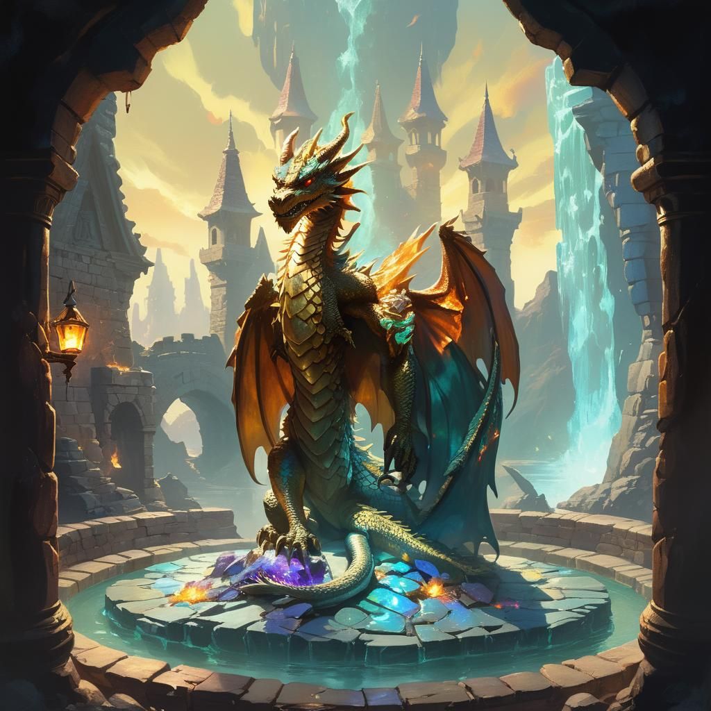 Majestic Dragon on Treasure Hoard in Oil Painting Style