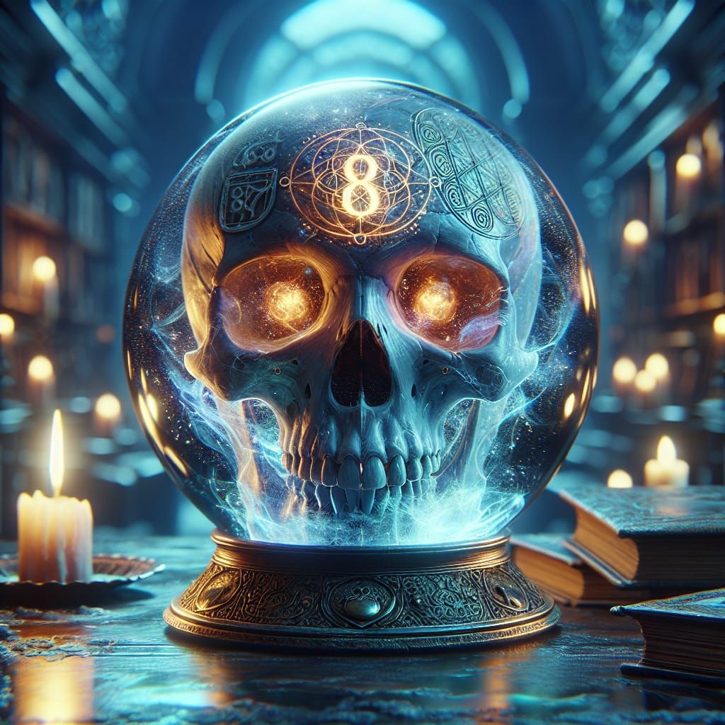 The image is of a skull glowing a misty foggy blue.  "8" glo...