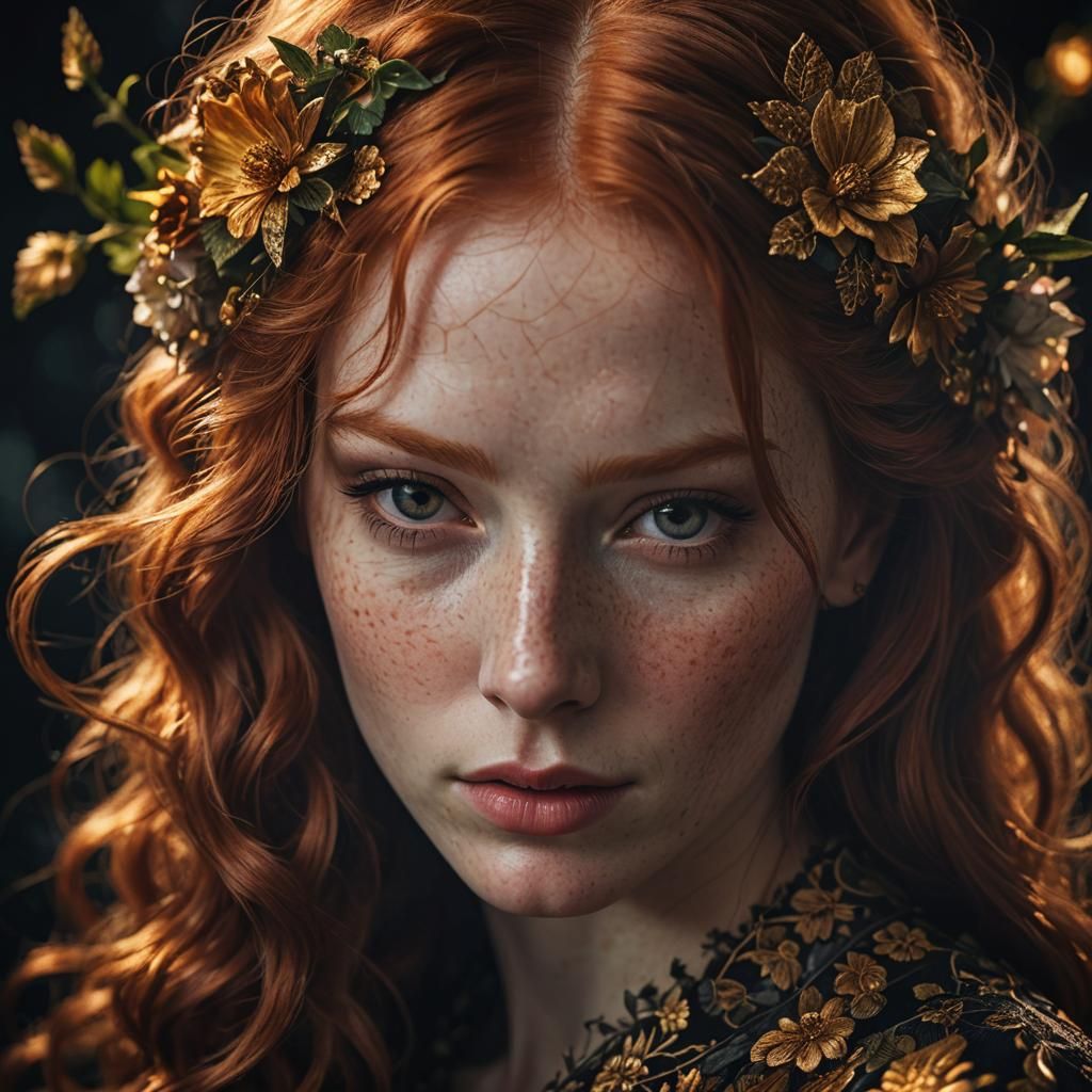Floral Redhead Portrait in Hyperrealistic Style