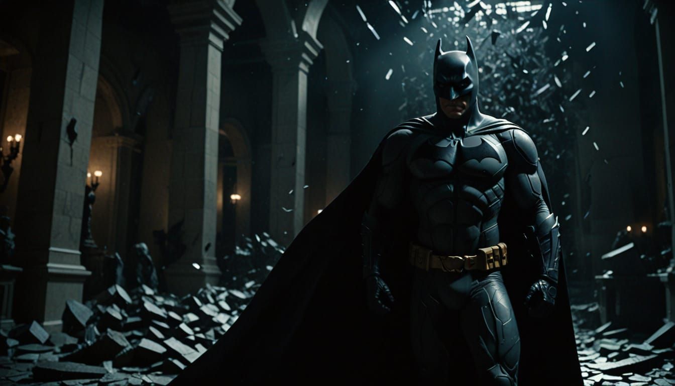 Dramatic Shattered Batman Statue in Dark Hall