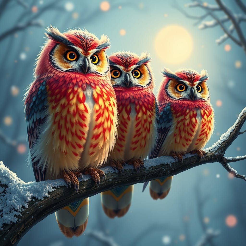 Winter Solstice Fantasy with Three Vibrant Fluffy Owls
