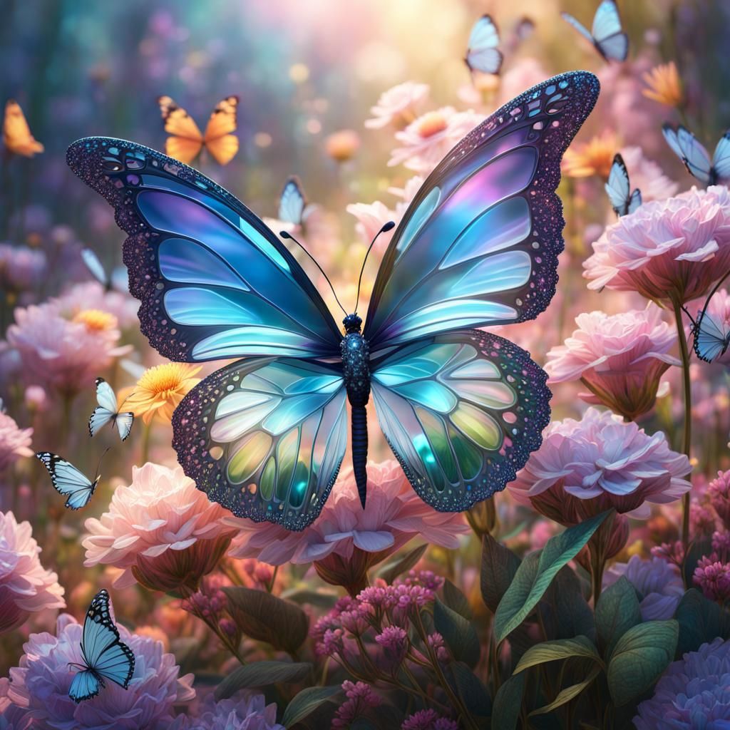 Diamond Butterfly on Blooming Flowers, 3D Render