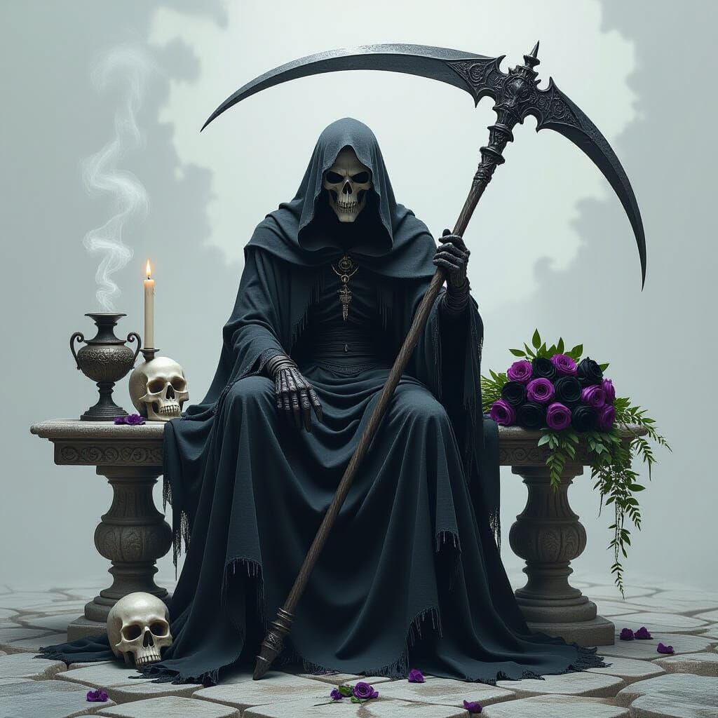 Grim Reaper with Scythe on Stone Table, Dark Mystical Style