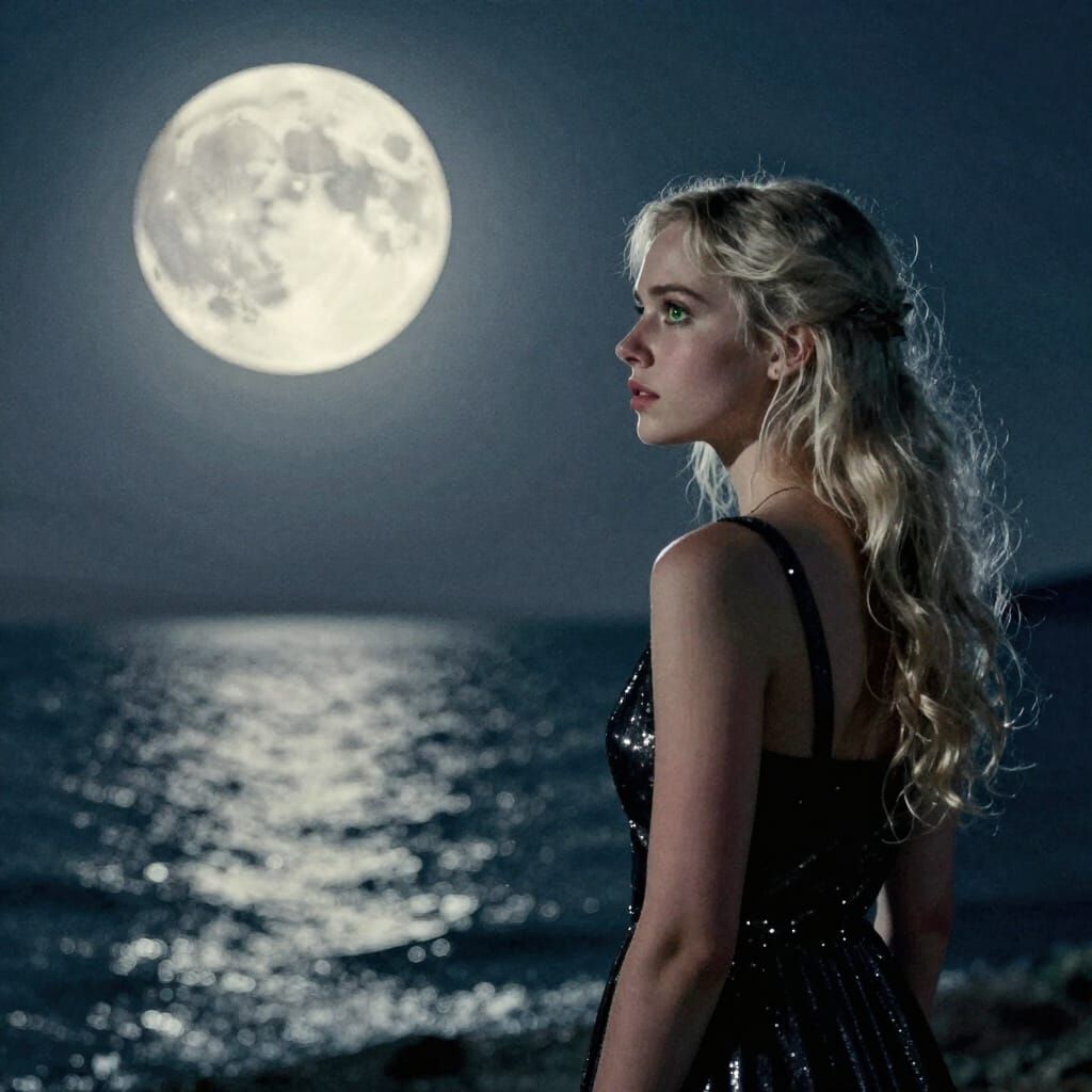 Woman Watches Full Moon in Watercolor Style