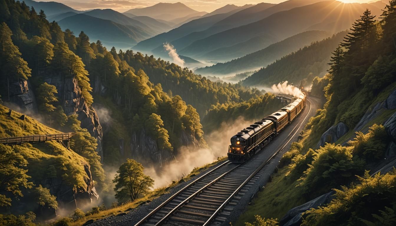 Fantasy Train Ascends Misty Mountains at Sunrise