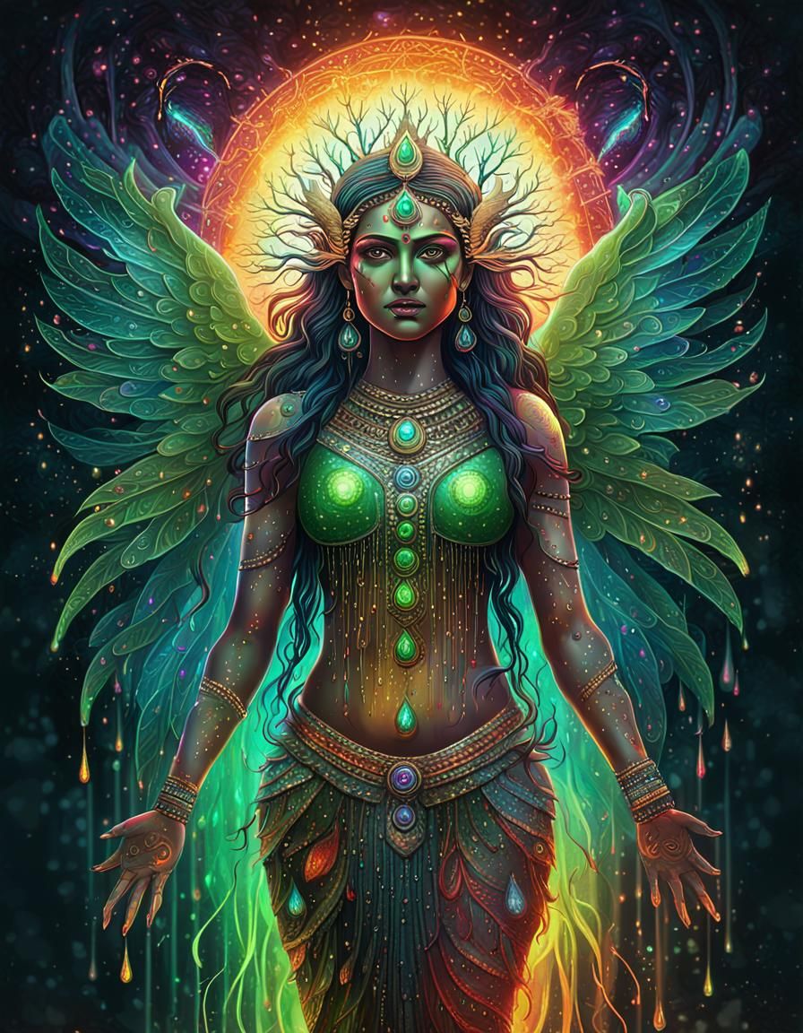 Indian Goddess with Rainbow Branches and Wings
