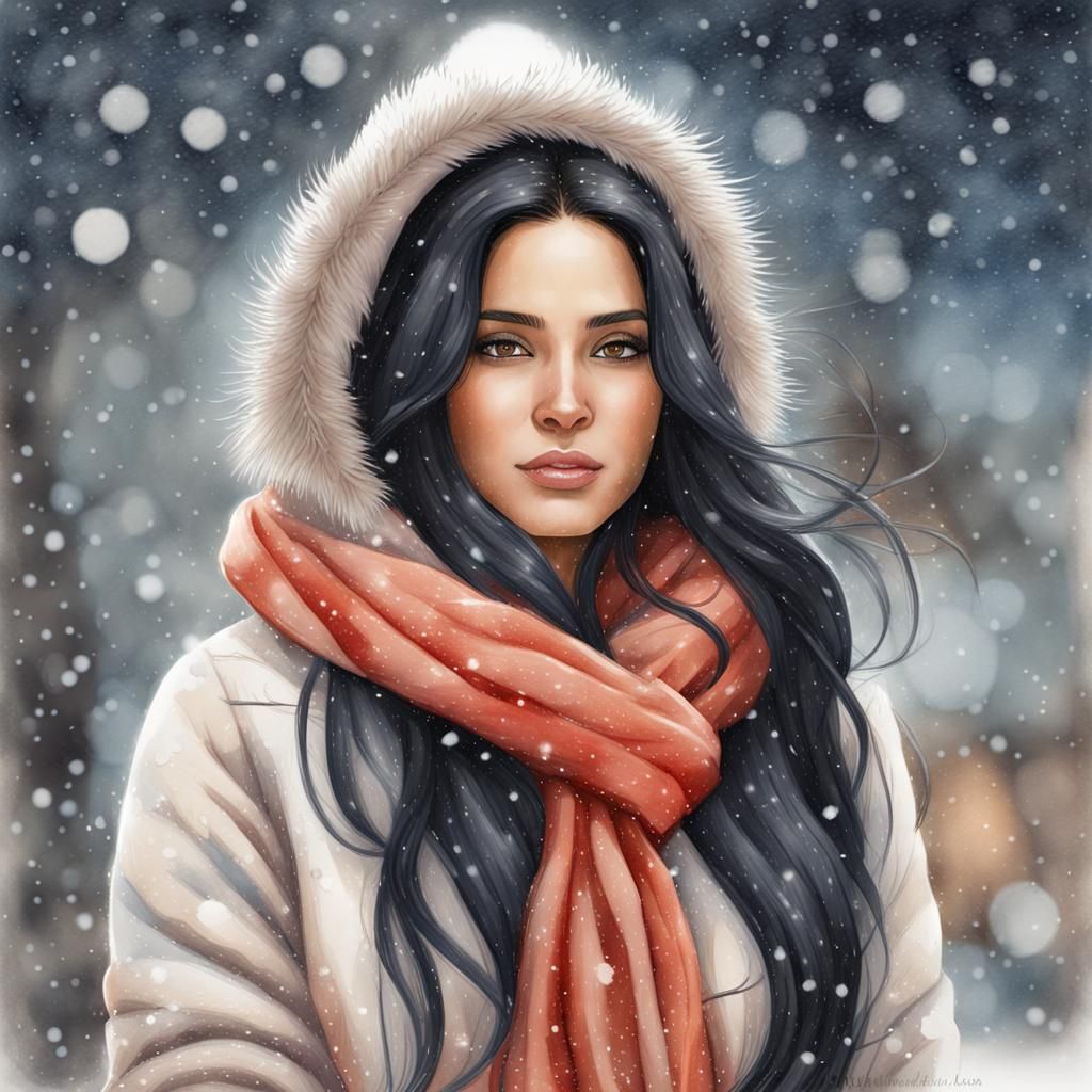 A stunning perfect Hispanic woman bundled up for winter weather
